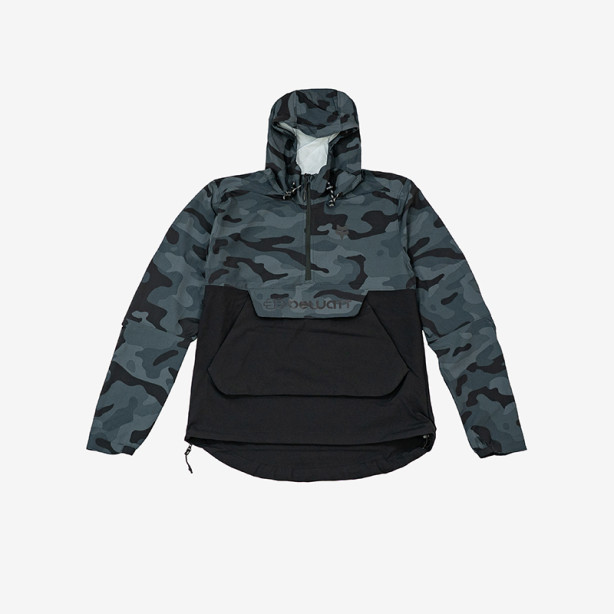 Dark camouflage coat with hood
