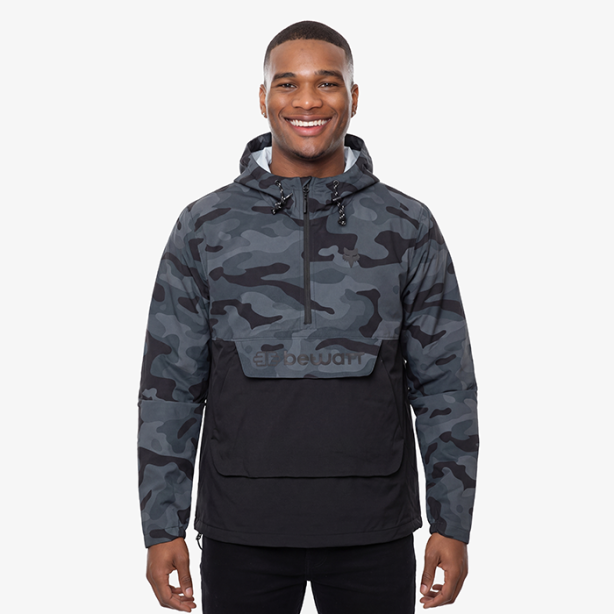 Dark camouflage coat with hood